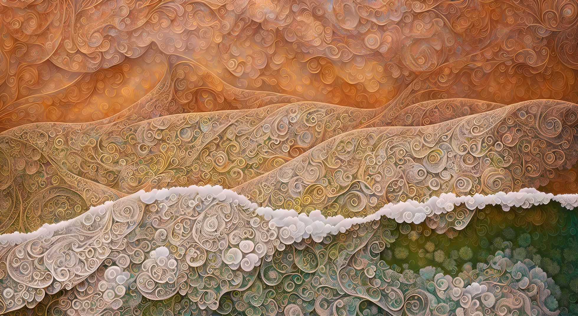 Intricate Fractal Pattern of Rolling Hills in Orange, Brown, and Green