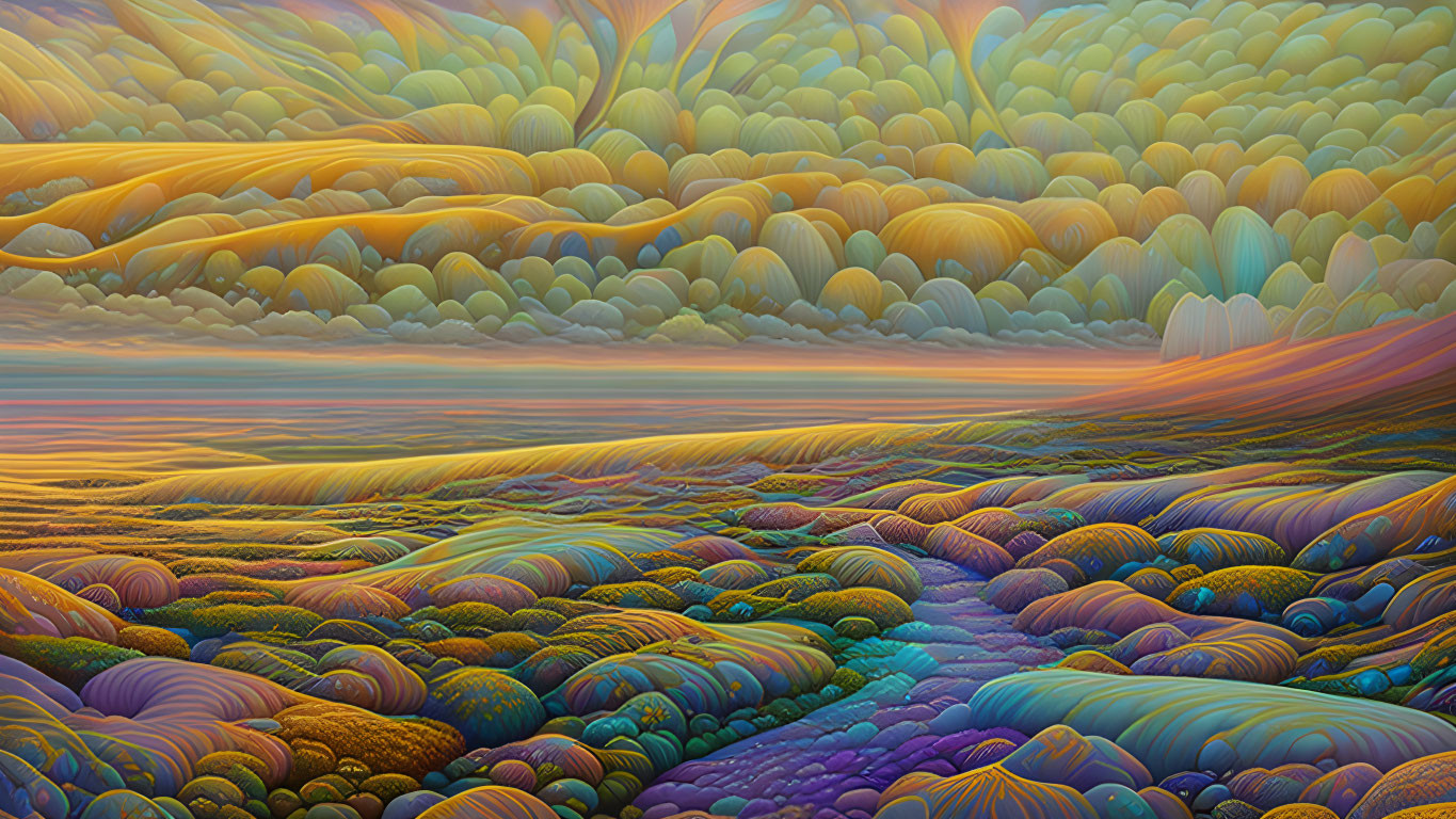 Surreal landscape with vibrant, cloud-like hills and flowing river