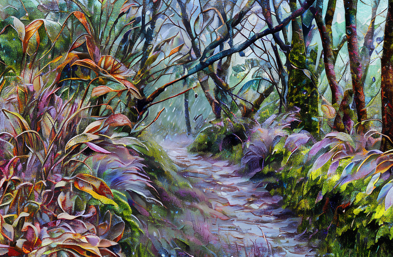 Colorful Forest Path Painting with Detailed Foliage & Trees