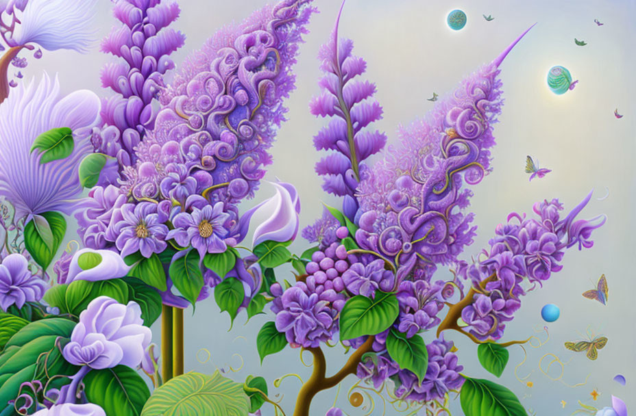 Surreal purple flora, butterflies, and floating orbs in serene setting