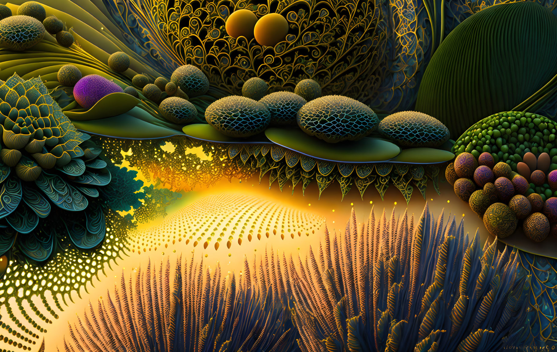 Detailed digital artwork: Vibrant fractal patterns of leaves, spheres, feathers in golden hues