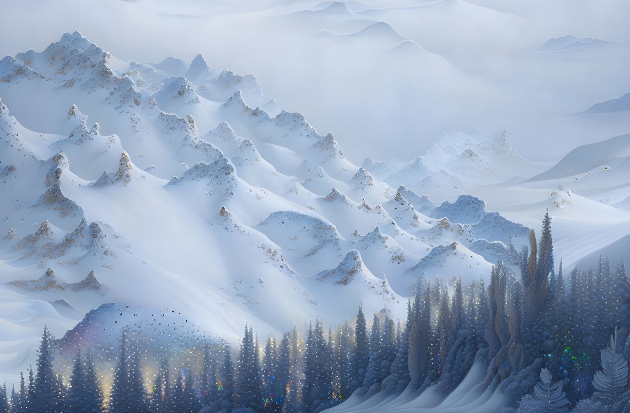 Snow-covered mountain landscape with snowy pine trees and subtle glow