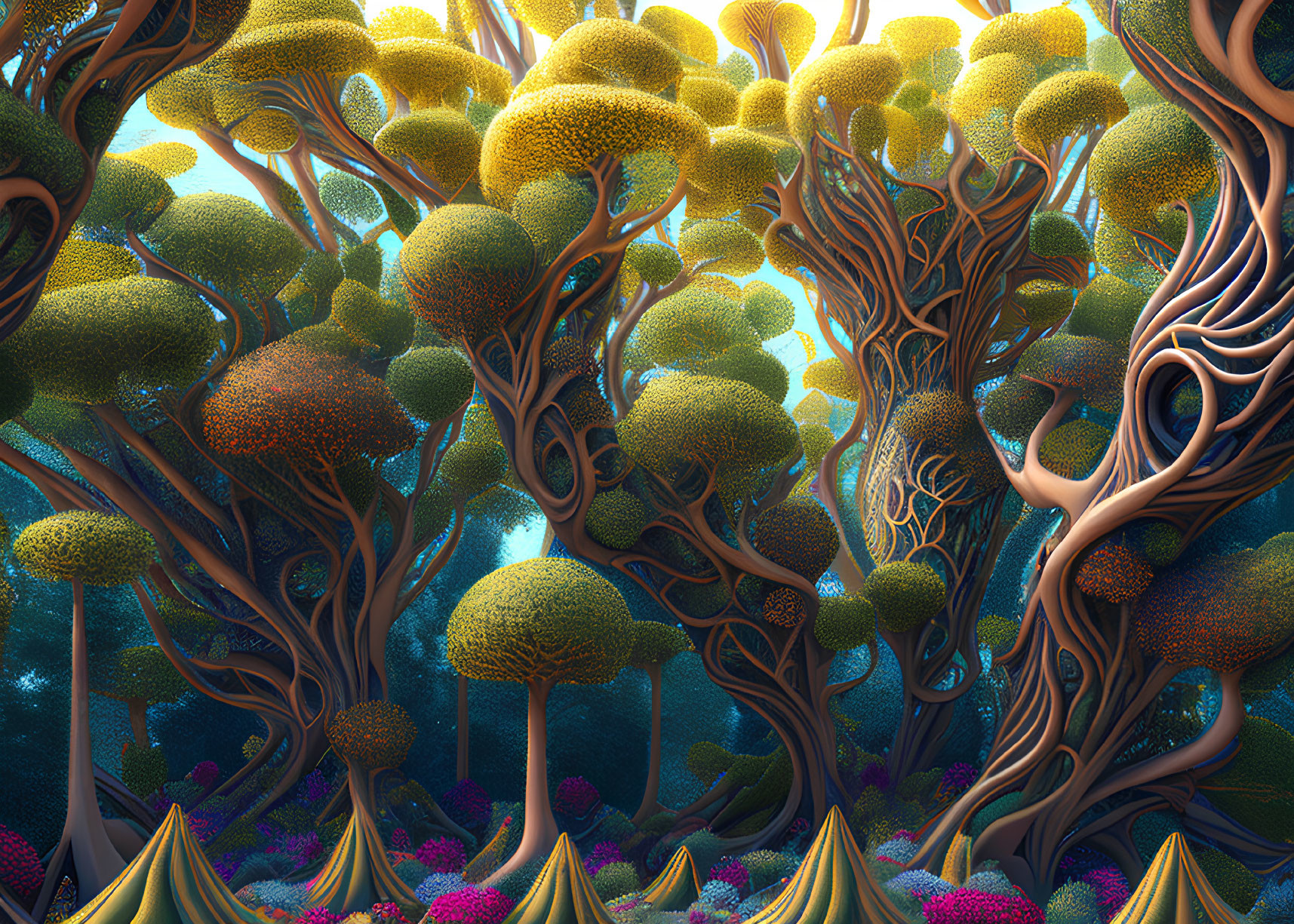 Fantastical forest with intertwined trees and colorful alien-like flora