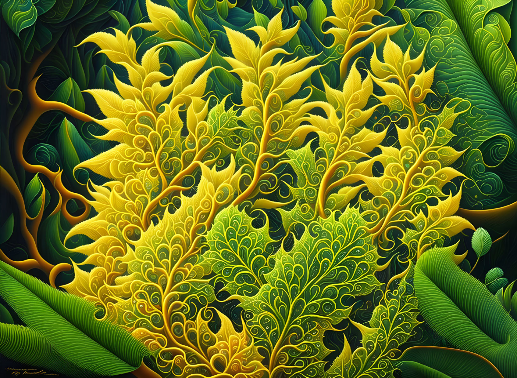 Intricate Yellow and Green Plant-Like Patterns in Vivid Digital Art