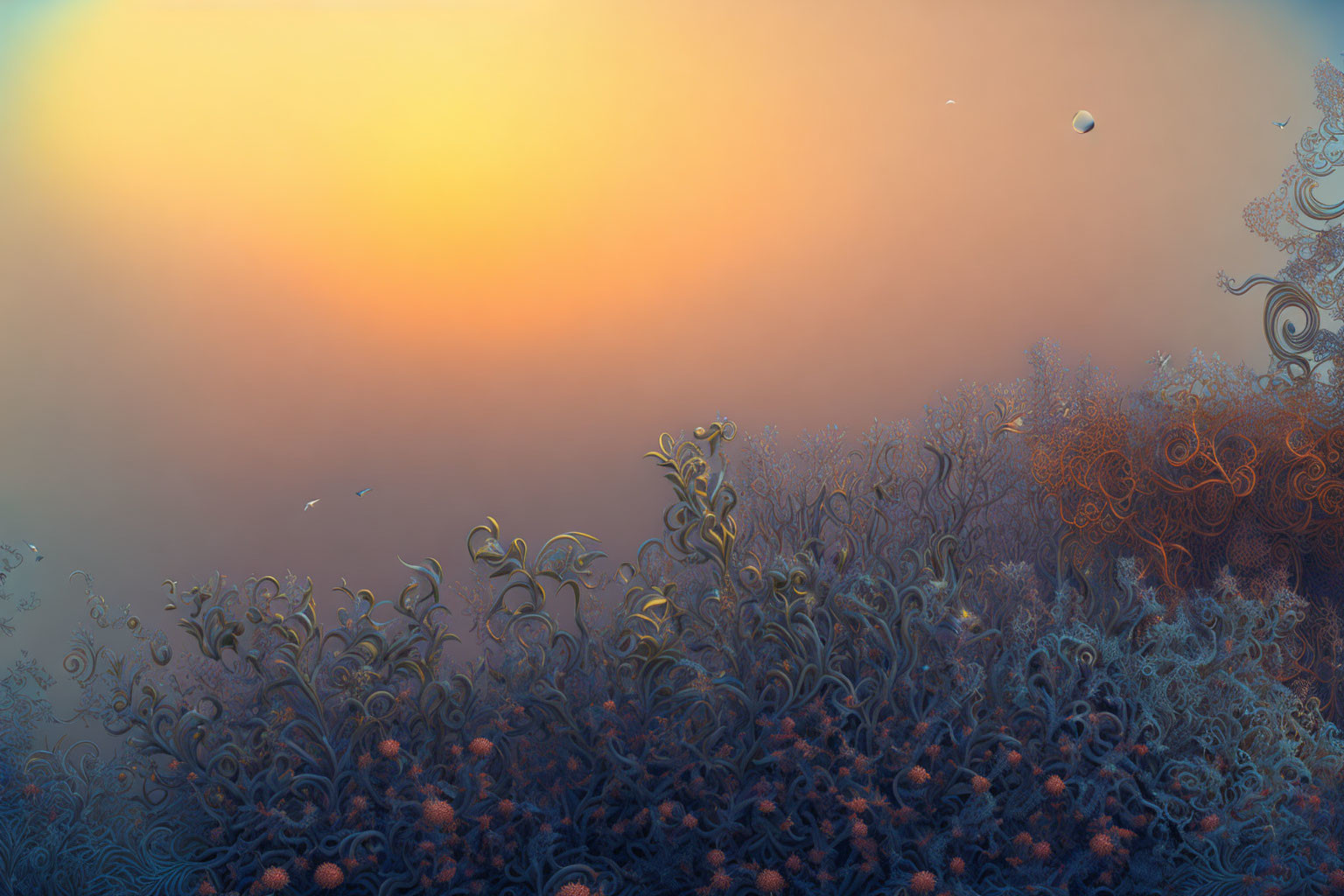 Surreal landscape with fractal vegetation under orange sky