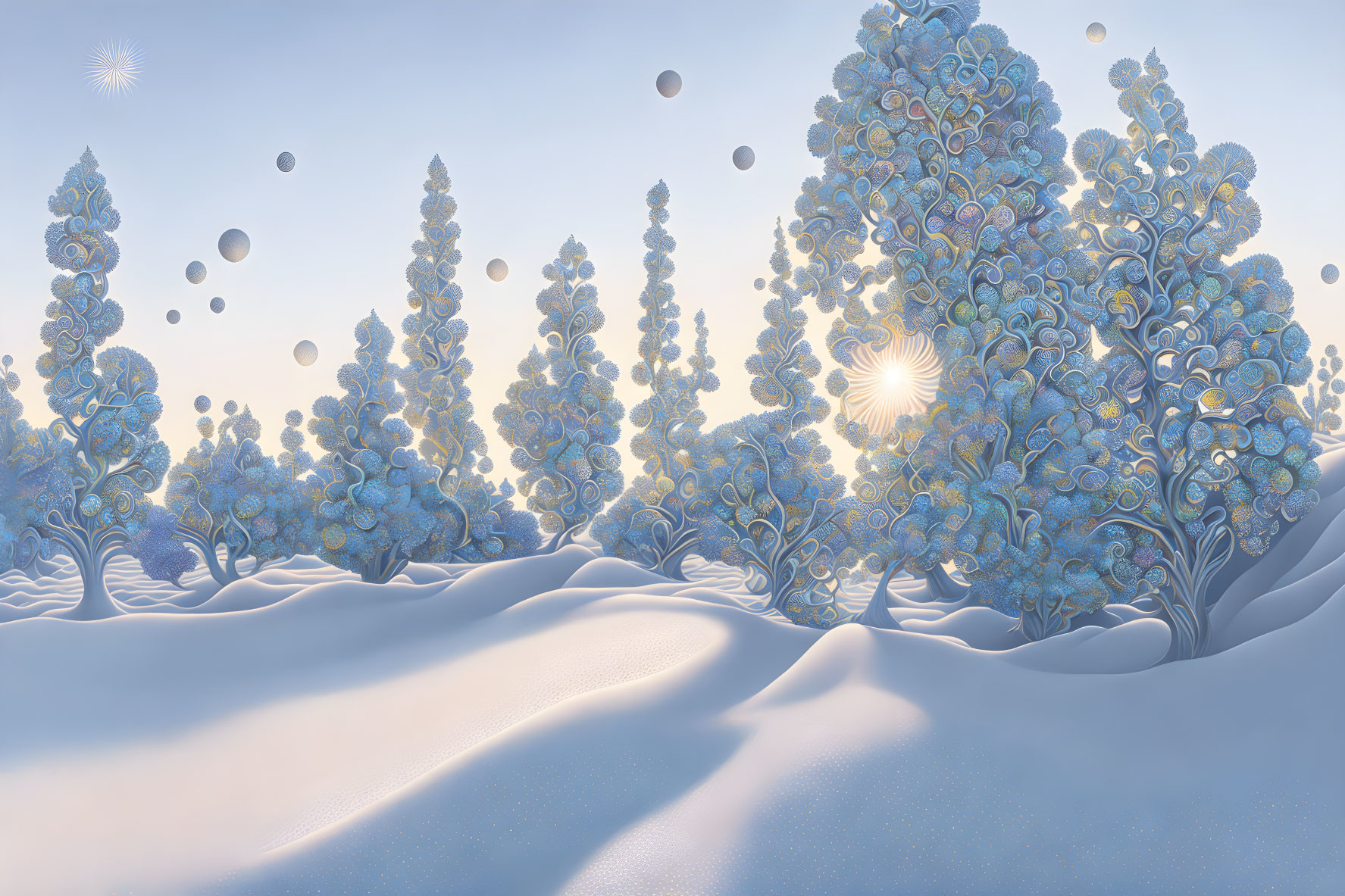 Stylized winter scene with trees and snow under pale blue sky