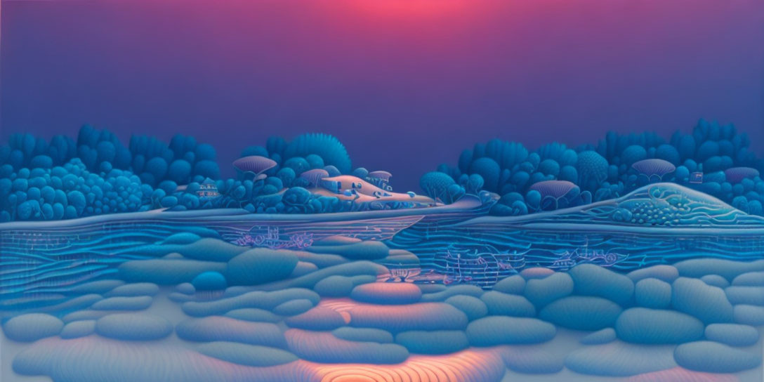 Surreal landscape with blue and purple foliage under gradient sky