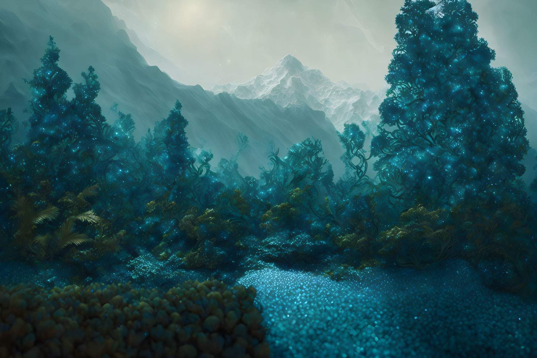 Mystical forest with blue foliage and snowy mountain peak