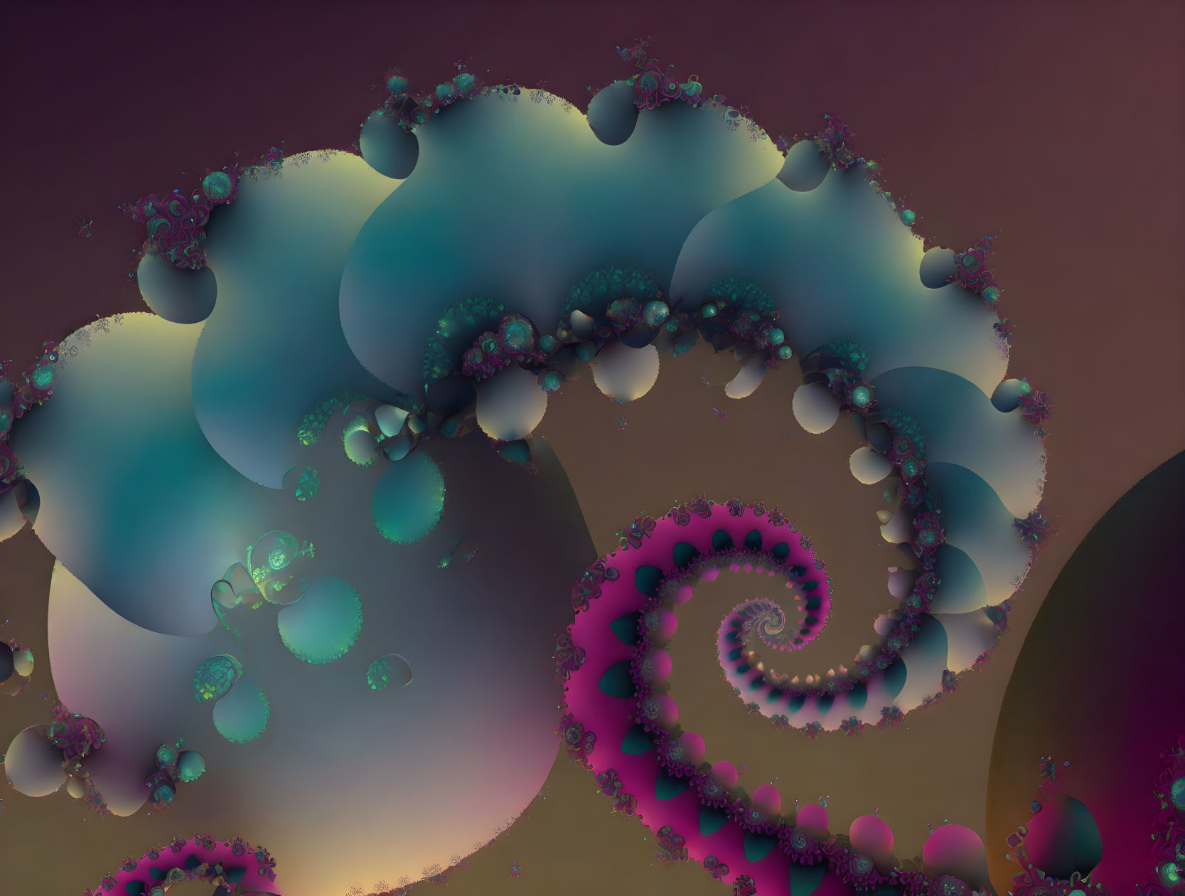 Abstract surreal fractal art with spirals and bubbles in blue, mauve, and brown hues