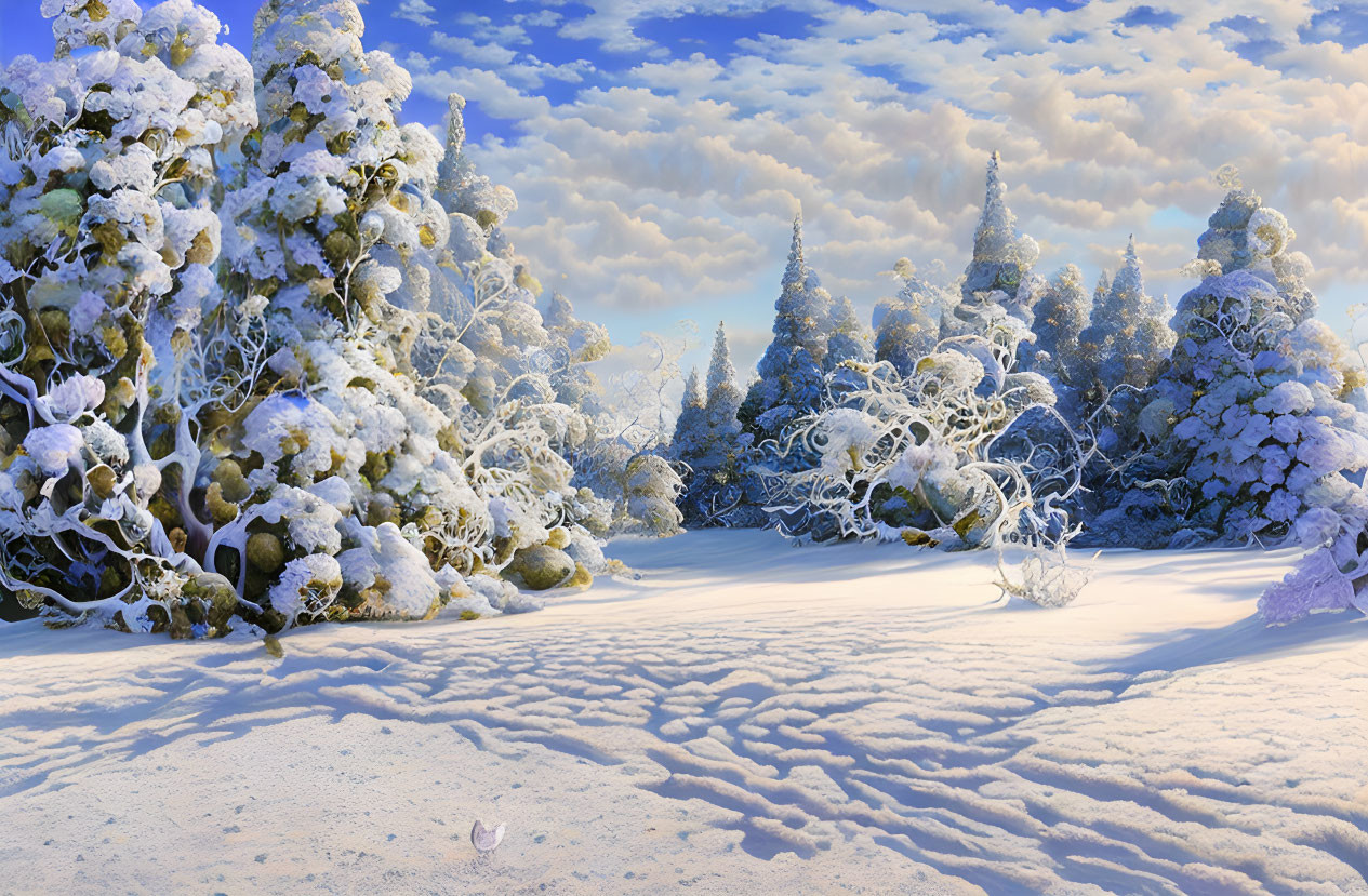 Snow-covered trees in serene winter landscape with fluffy clouds