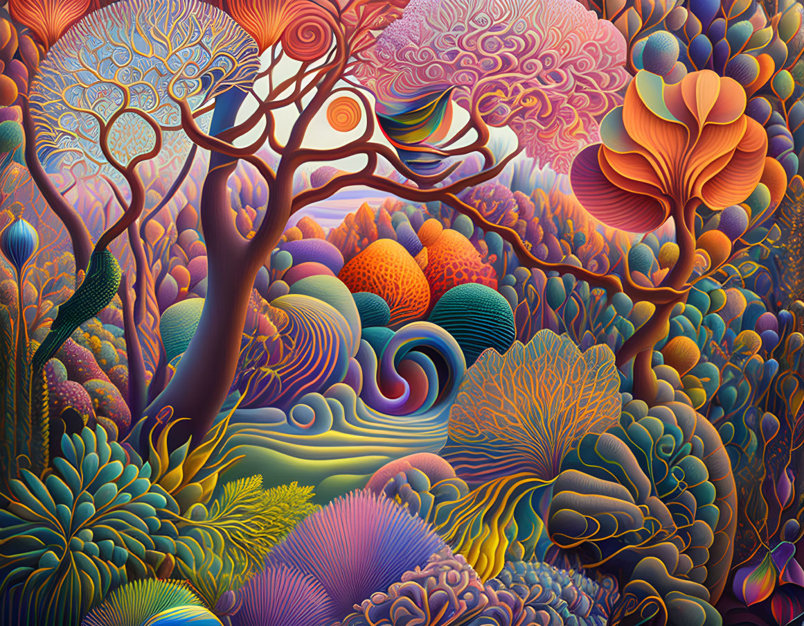 Colorful Psychedelic Landscape with Stylized Trees and Flowing Water