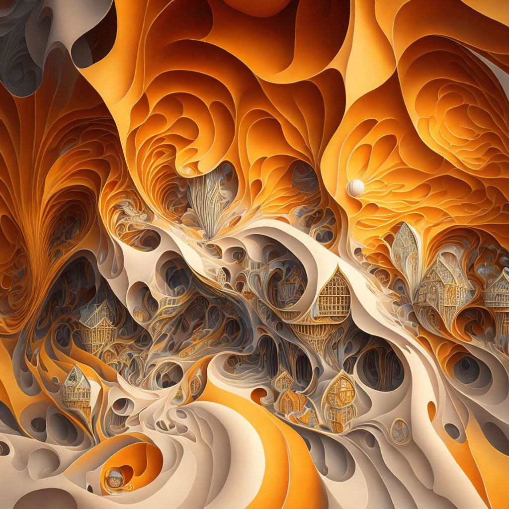 Intricate Orange and Brown Fractal Art with Miniature Building Elements