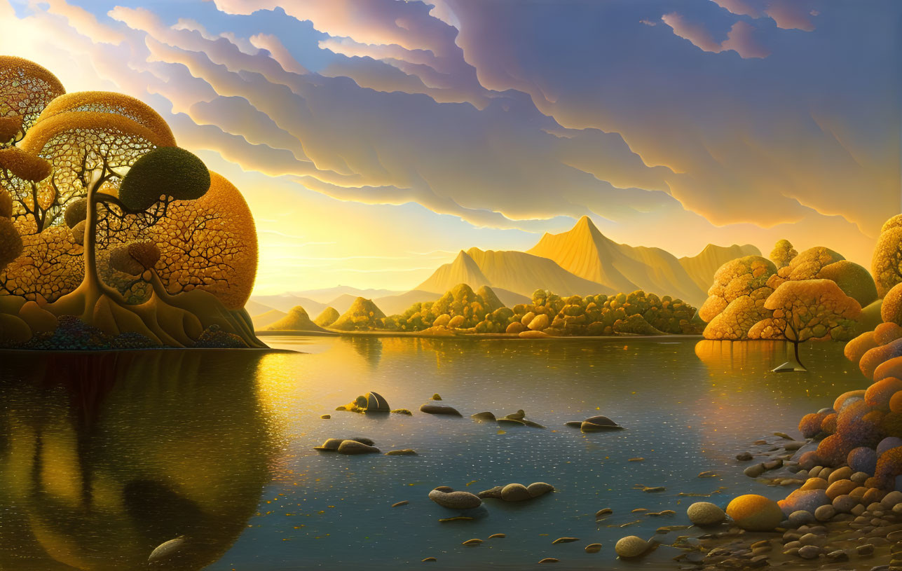 Colorful sunset illustration: lake, golden trees, mountains, purple clouds