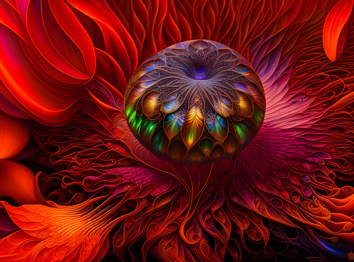 Colorful digital artwork: intricate patterns on a spherical object surrounded by swirling red, orange, and purple