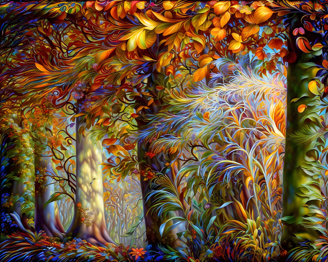 Whimsical forest digital painting with vibrant colors