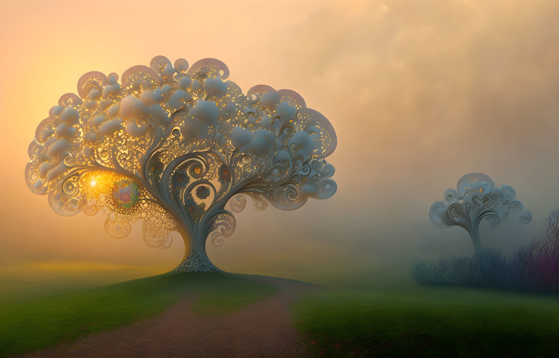 Fantastical landscape with ornate trees and misty sunset sky