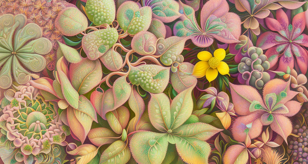 Colorful digital artwork: Intricate, stylized plants and flowers