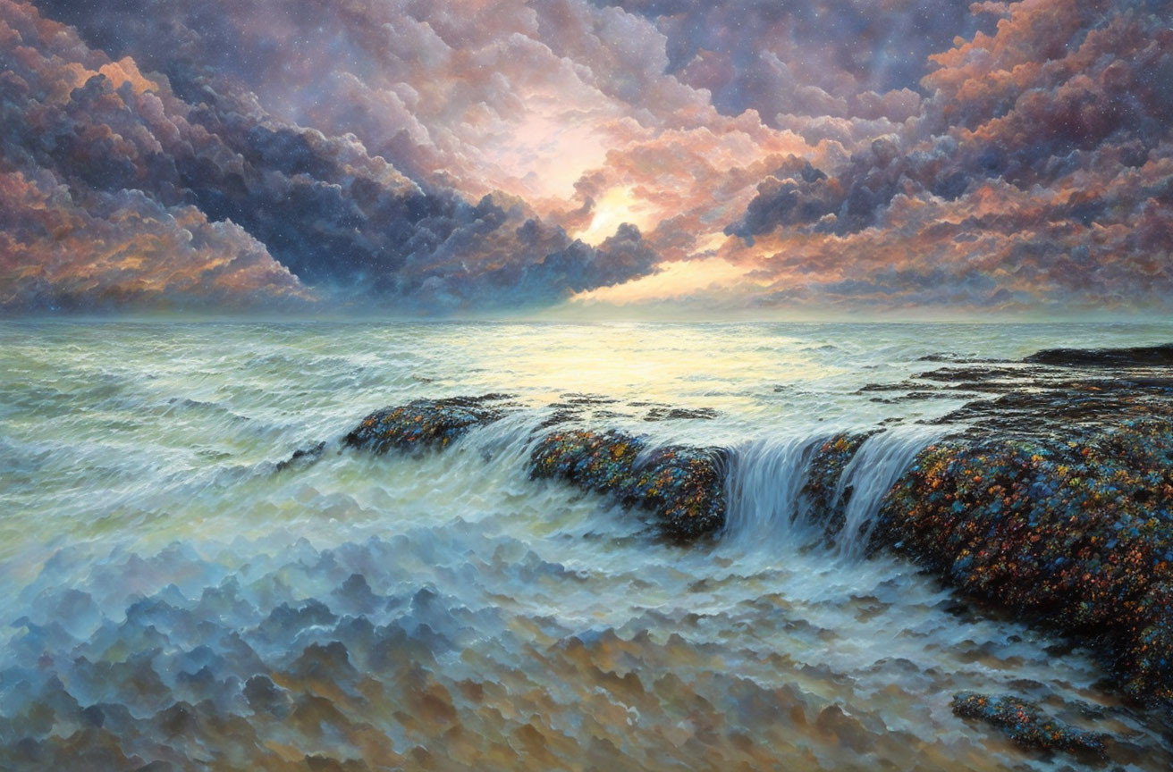 Dramatic sunset painting with turbulent sea and crashing waves