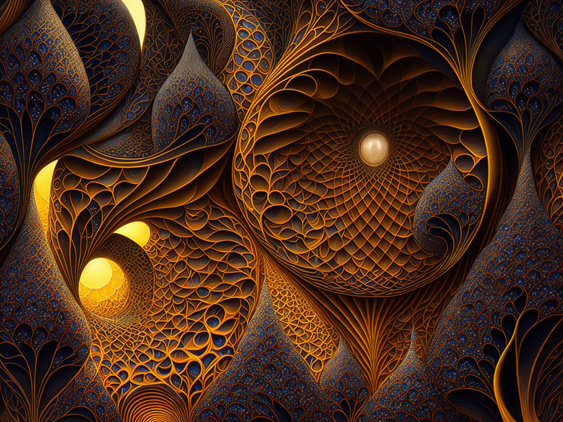 Abstract Digital Artwork: Intricate Swirling Patterns in Gold and Blue