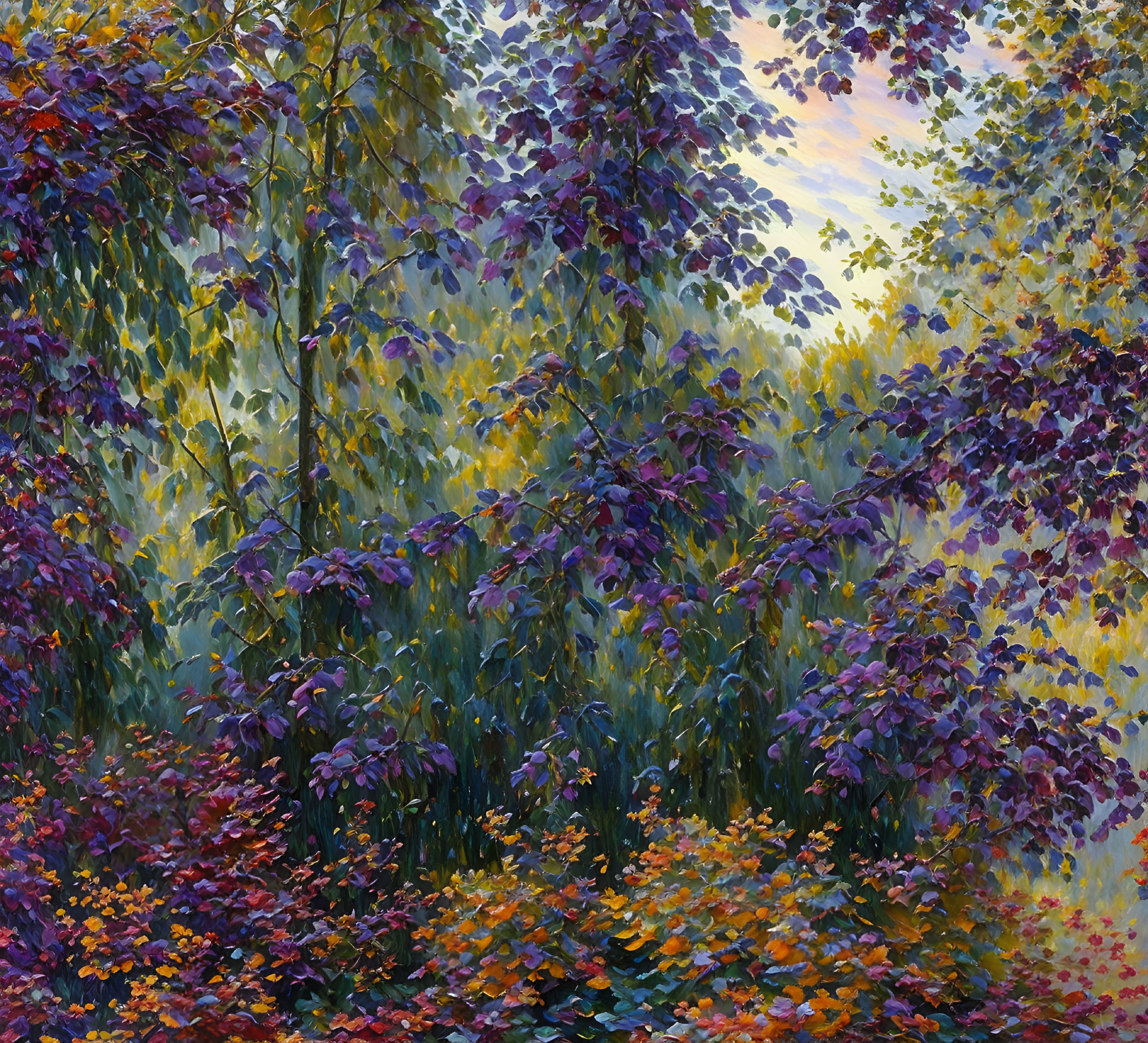 Colorful Forest Painting with Purple Leaves and Sunset Glow