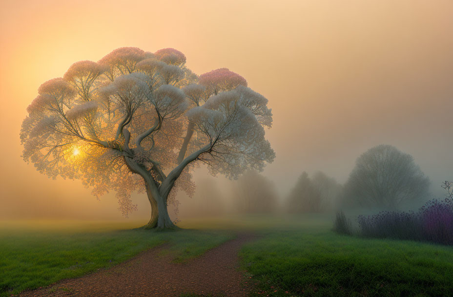 Misty landscape with sunlit blossoming tree at sunrise