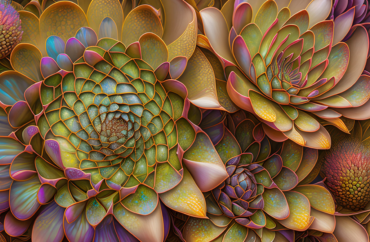 Detailed digital art of layered floral patterns in earthy tones & iridescent textures reminiscent of blooming