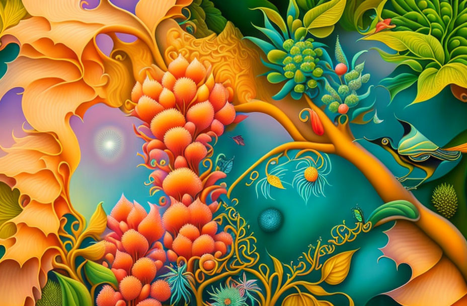 Abstract botanical digital artwork with vibrant floral shapes and intricate designs in orange, green, and blue.