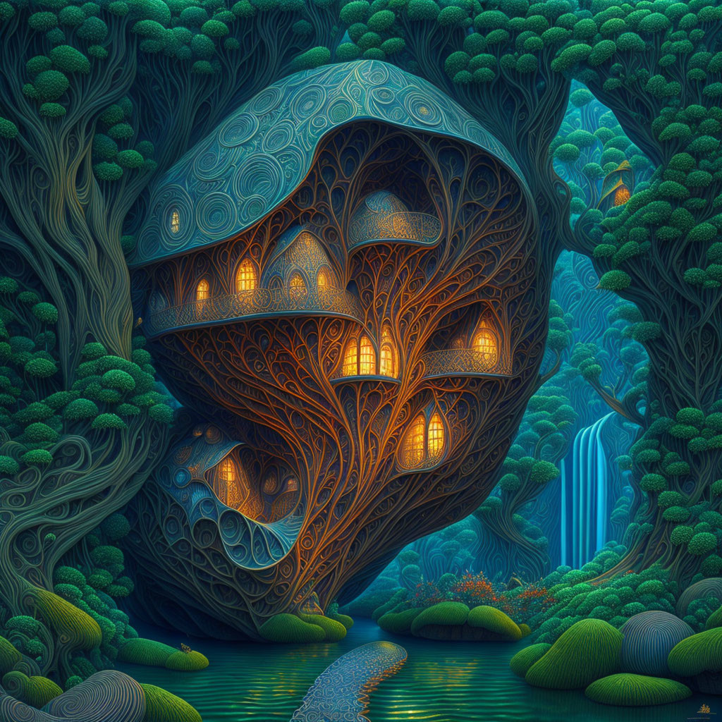 Enchanted forest treehouse with glowing windows and waterfall