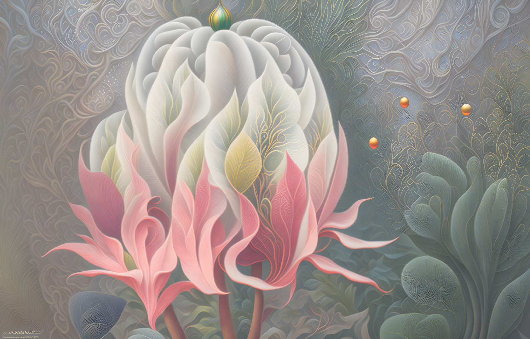 Detailed Stylized White and Pink Flower Illustration with Yellow Accents and Glowing Orbs