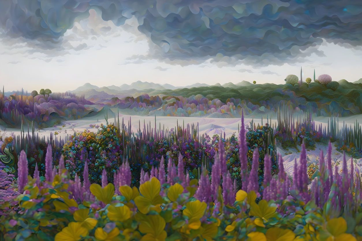 Vibrant purple and yellow flora in futuristic landscape