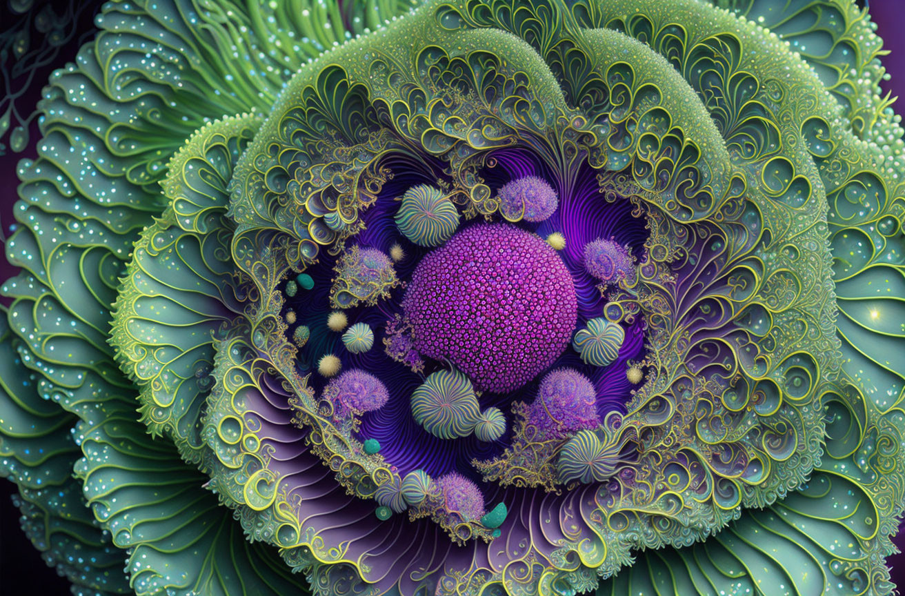 Colorful fractal art: Spiraling patterns in greens and purples