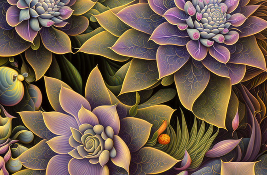 Detailed Purple and Green Stylized Flower Illustration