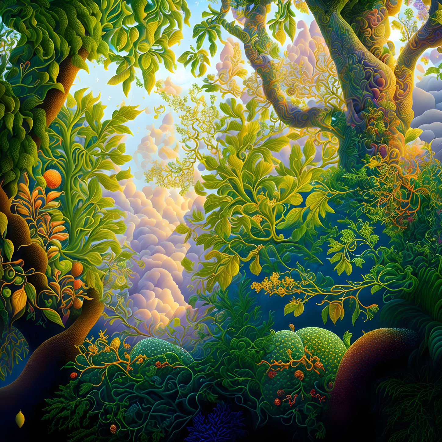 Lush forest illustration with vibrant green foliage