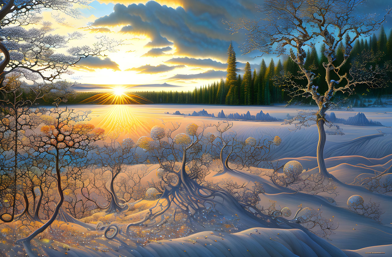 Snow-covered winter landscape: bare trees, sunset glow