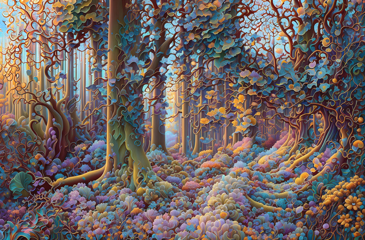 Colorful whimsical forest with vibrant flora and curving trees