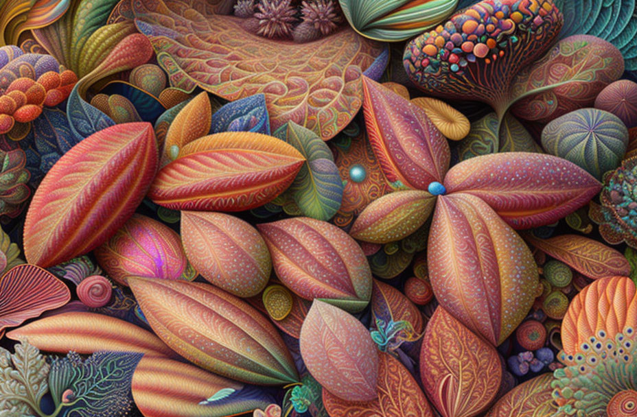 Colorful botanical artwork with intricate leaf patterns and fantasy elements