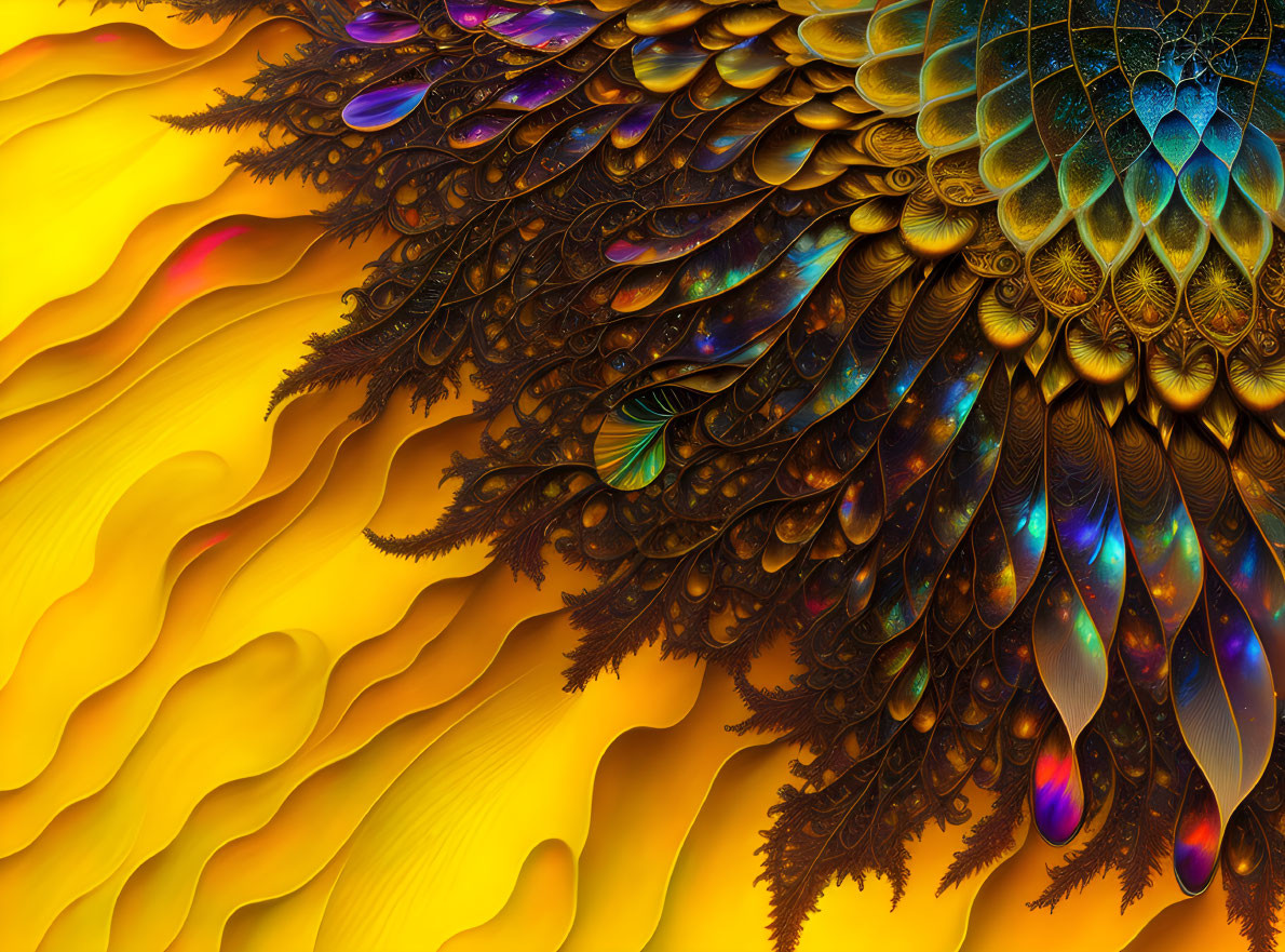 Colorful digital art with fractal patterns resembling peacock feathers in golden yellows, blues, and