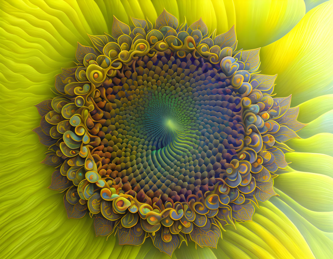 Colorful digital fractal art of a sunflower with intricate patterns on a textured green background