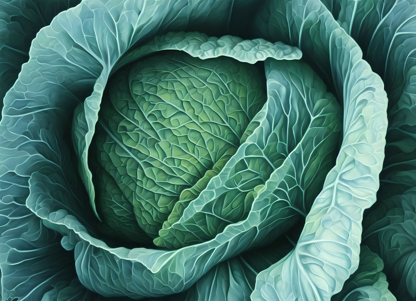 Detailed digital illustration of intricate green cabbage patterns