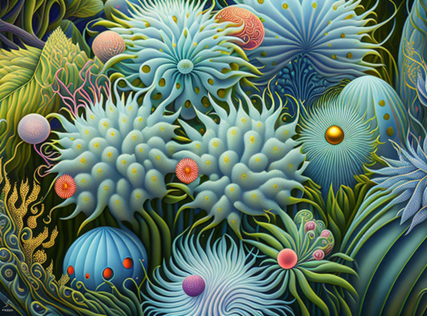 Colorful underwater illustration with coral structures and marine flora