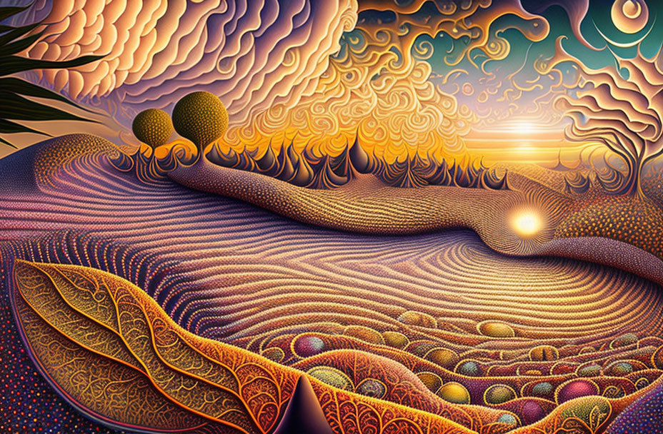 Colorful psychedelic landscape with swirling patterns and celestial sky