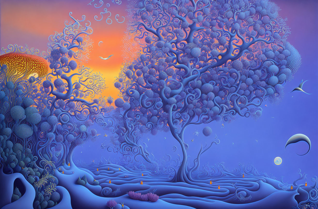 Surreal landscape with blue tree, intricate patterns, orange sky, birds, whimsical flora &