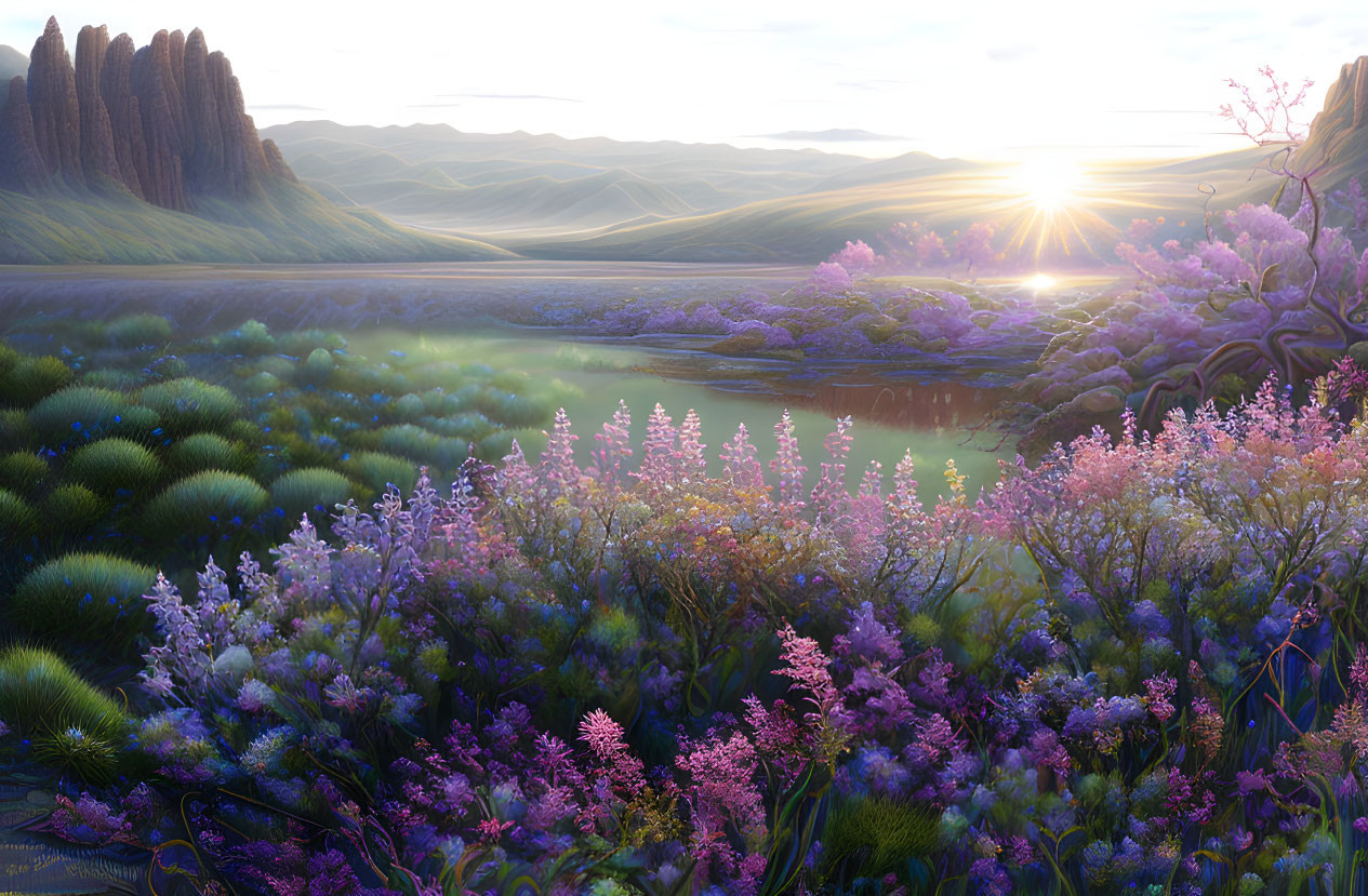 Tranquil landscape with purple wildflowers, serene lake, and mountains at sunrise