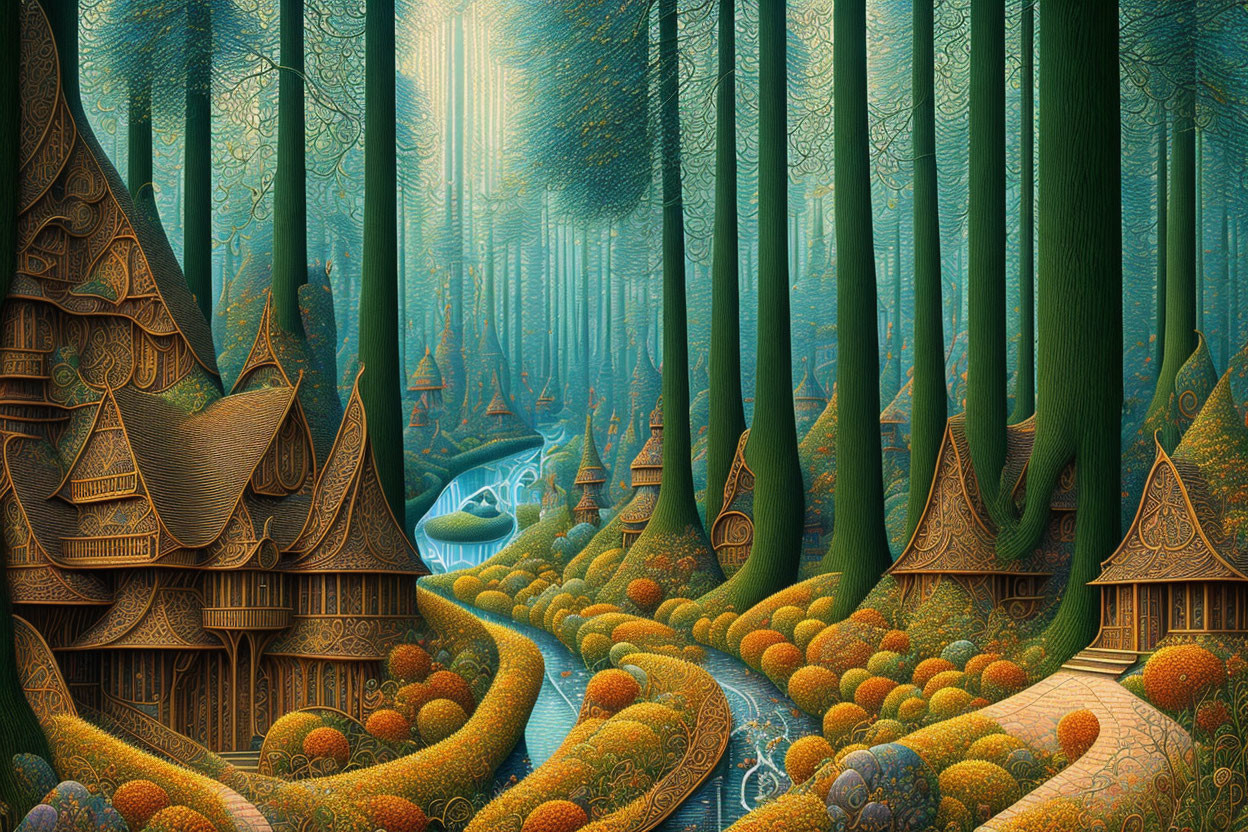 Fantasy forest with stylized trees, ornate structures, winding river, vibrant colors, and detailed