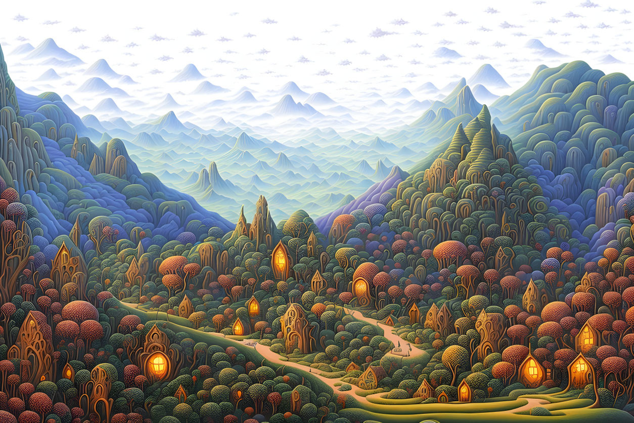 Fantastical landscape with hills, forests, mountains, and illuminated homes