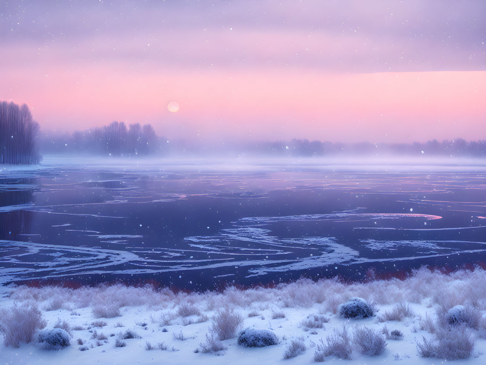 Frozen Lake Winter Scene: Pastel Sunrise, Snow-Covered Landscape