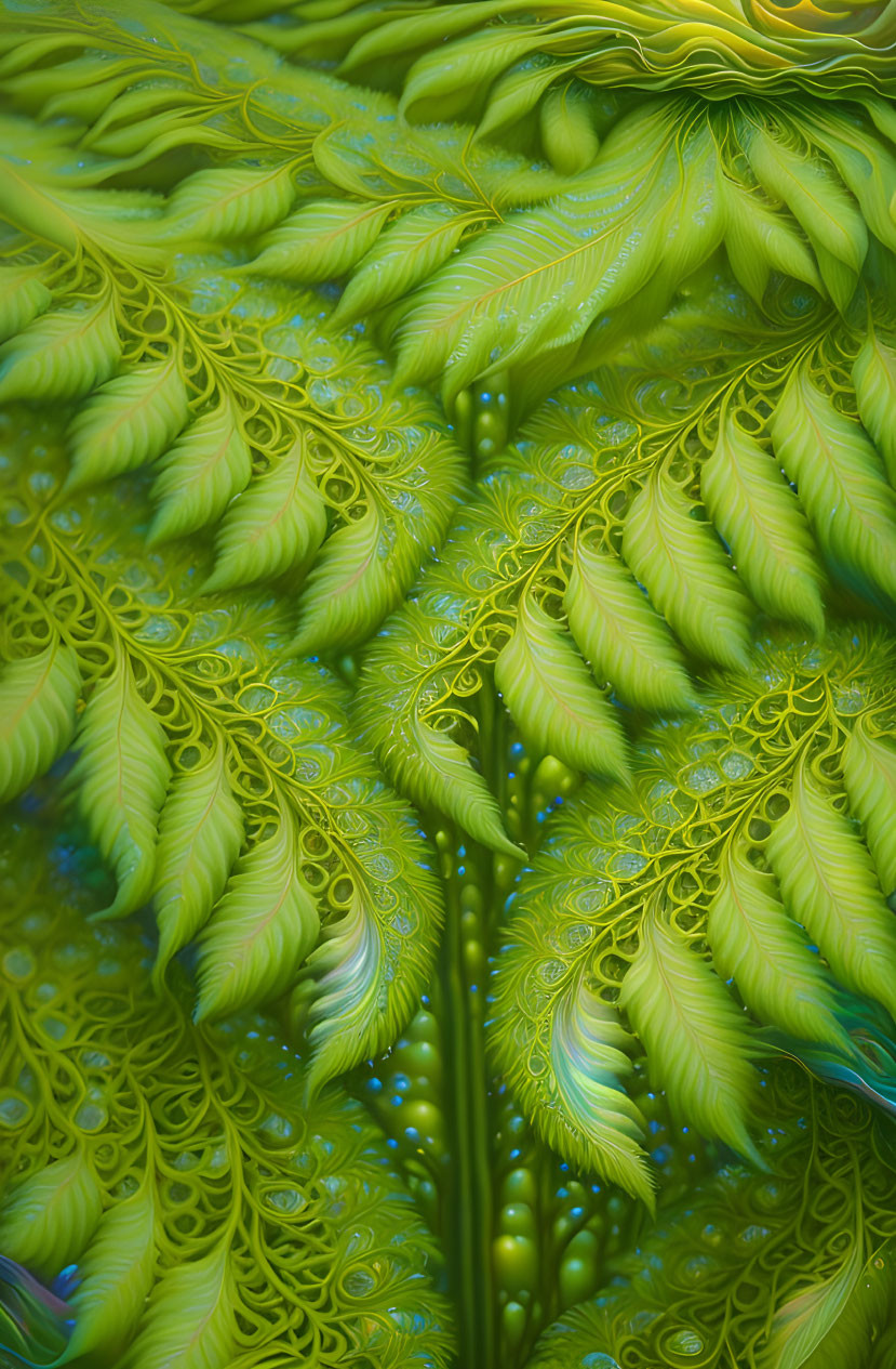 Intricate Green and Yellow Fractal Pattern with Blue Accents