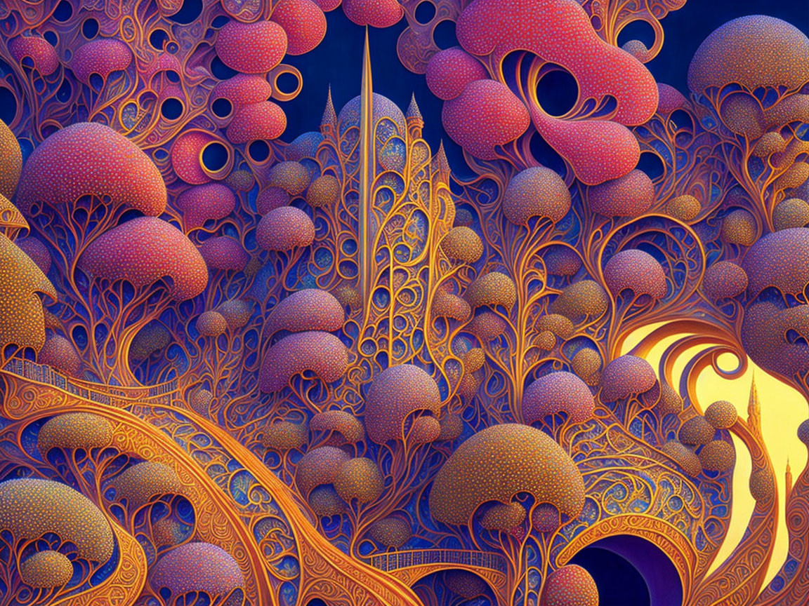 Colorful digital artwork with mushroom and coral-like patterns in blue and orange.