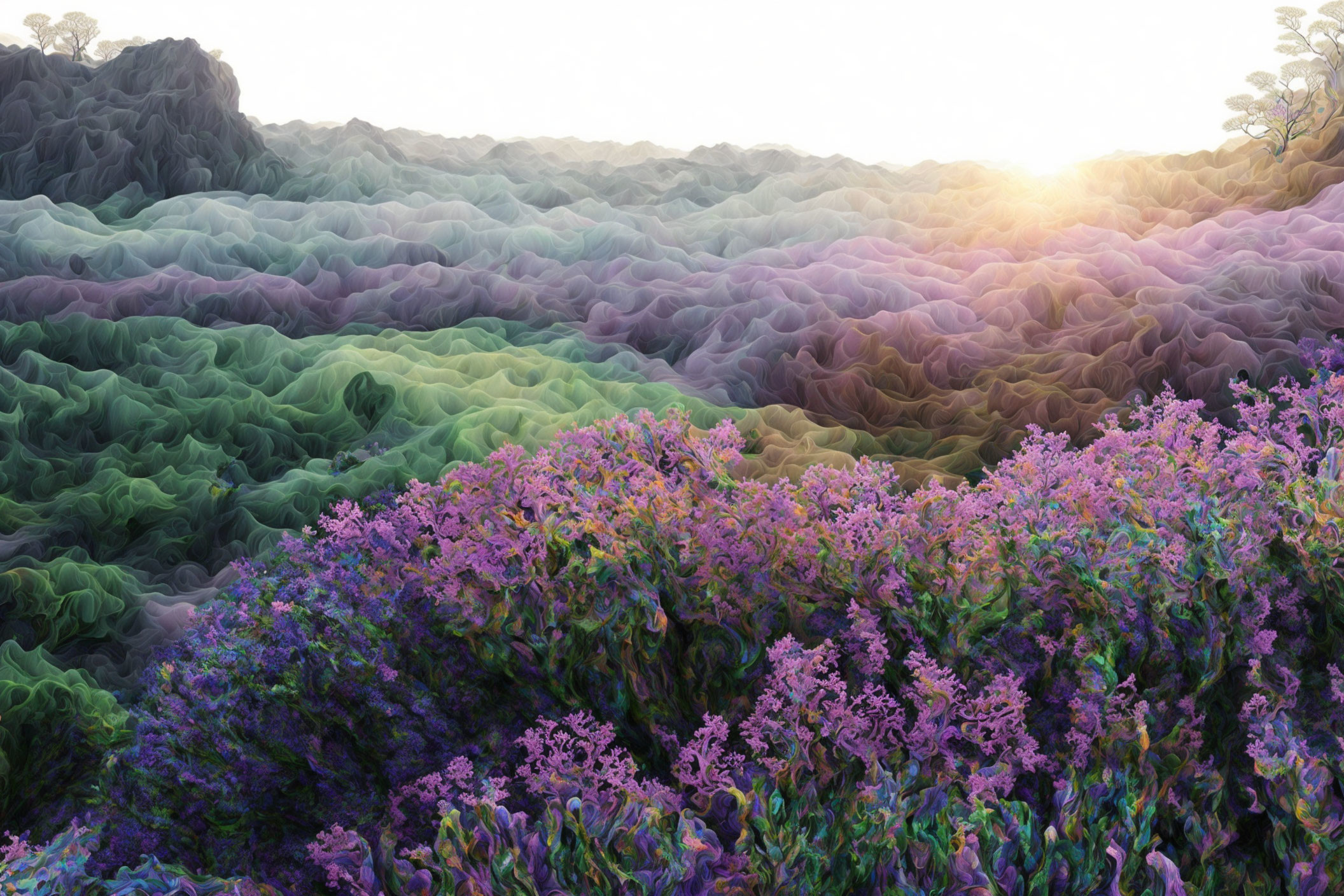 Colorful digital artwork: Rolling hills with vibrant vegetation and warm sunrise