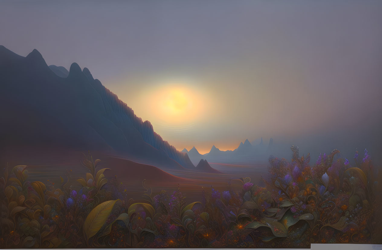 Tranquil sunset landscape with purple and yellow flora, rolling hills, and distant mountains under hazy